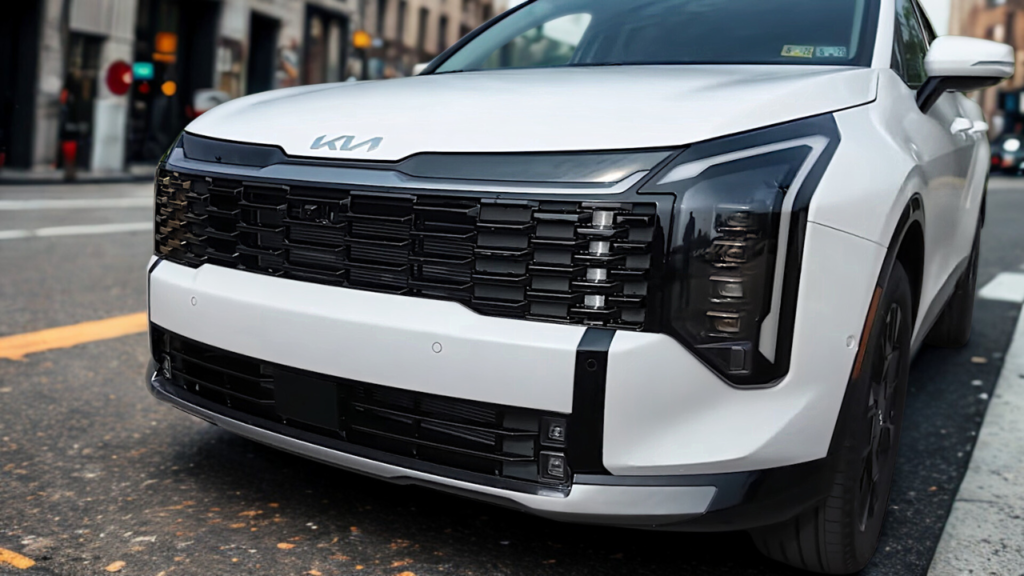 2026 Kia Sportage close-up met grote zwarte honingraat grille patroon, zilver Kia logo, LED koplamp behuizing, witte voorbumper en parkeersensoren op stedelijke straat