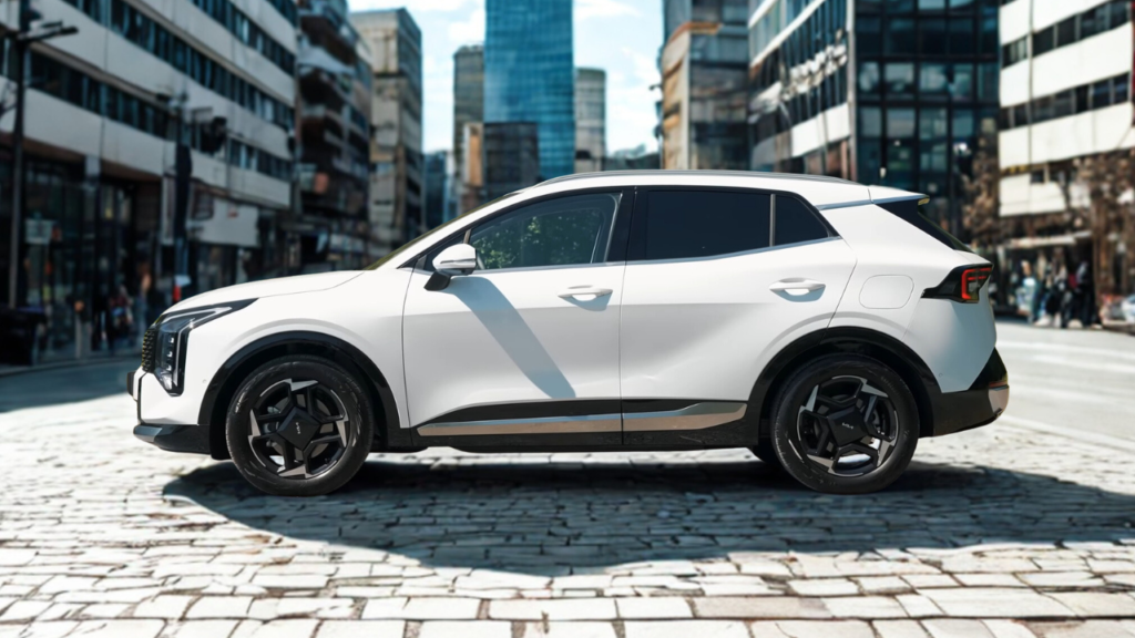 2026 Kia Sportage witte SUV zijaanzicht met 18-inch zwarte lichtmetalen velgen, zijpaneel bescherming, deurgrepen en compacte SUV silhouet op klinker bestrating met stedelijke architectuur