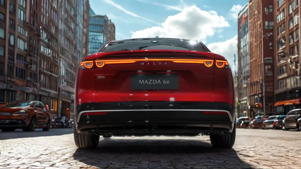2026 Mazda 6e achteraanzicht in Soul Red Crystal met volledige-breedte LED achterlichten, MAZDA letters, en liftback ontwerp in stedelijke omgeving