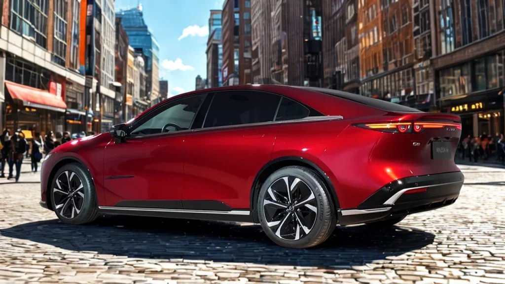 2026 Mazda 6e driekwart achteraanzicht in Soul Red Crystal met liftback proporties, LED achterlichten, en randloze ramen op stedelijke straat