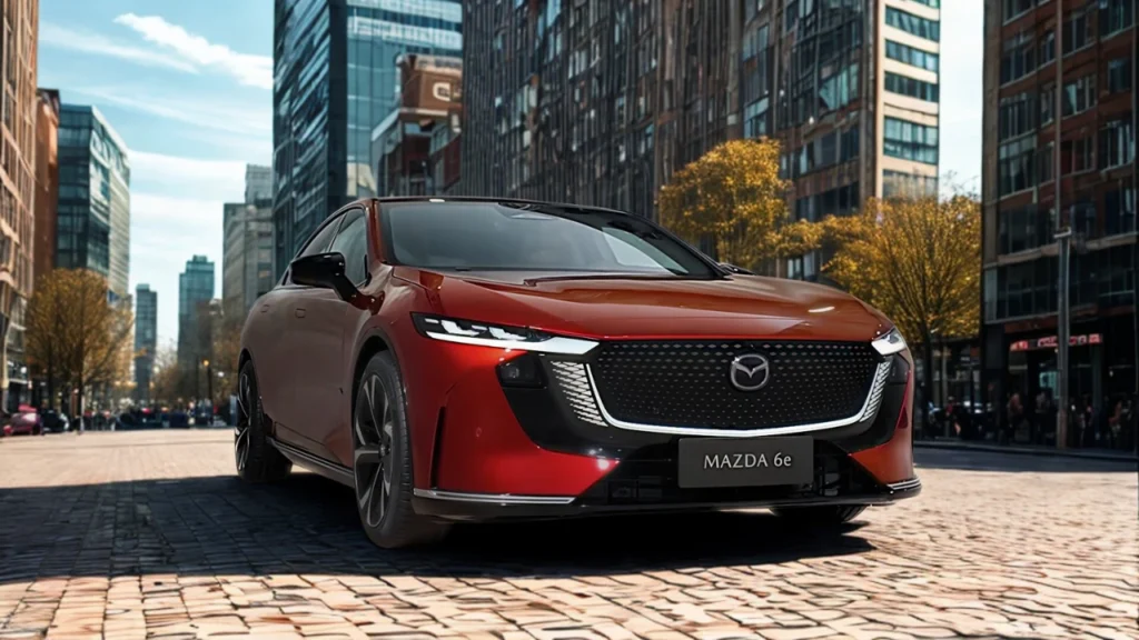 2026 Mazda 6e driekwart vooraanzicht in Soul Red Crystal met liftback silhouet, 19-inch wielen, en randloze deuren op stadsstraat