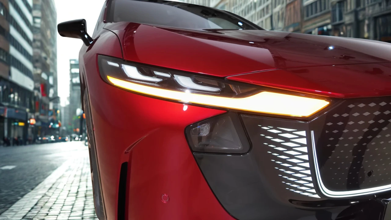 2026 Mazda 6e LED koplamp close-up met signature verlichtingsontwerp met geïntegreerde DRL en premium styling in Soul Red Crystal