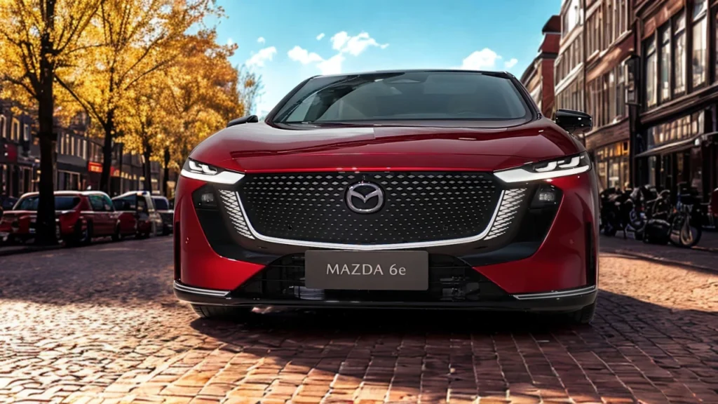 2026 Mazda 6e vooraanzicht in Soul Red Crystal met Kodo design, LED signature grille, en aerodynamische styling in stedelijke omgeving