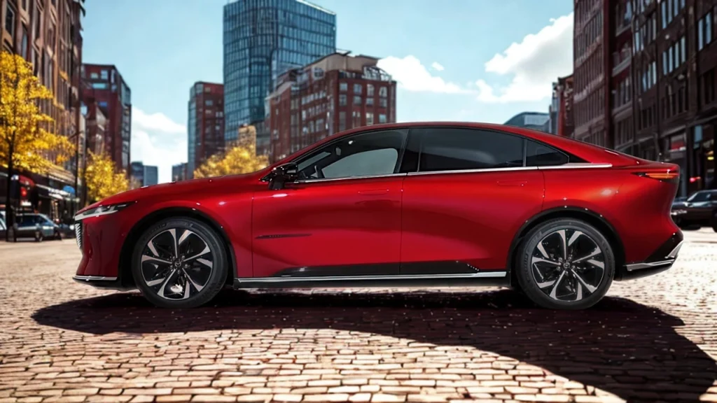2026 Mazda 6e zijprofiel in Soul Red Crystal met elegant liftback silhouet, 4,92m lengte, en 19-inch wielen in stedelijke omgeving