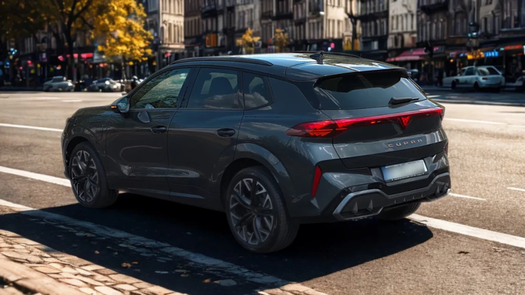 2025 Cupra Terramar achter drie-kwart aanzicht met driehoekige LED achterlichten en CUPRA branding op donkere metallic SUV