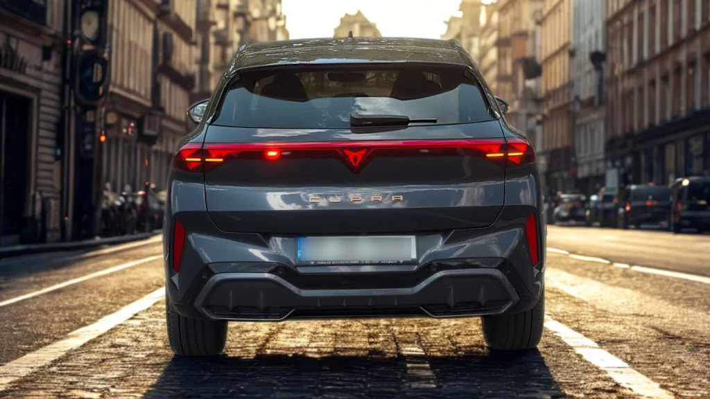 2025 Cupra Terramar achteraanzicht met LED lichtbalk over de achterklep en verlichte CUPRA branding