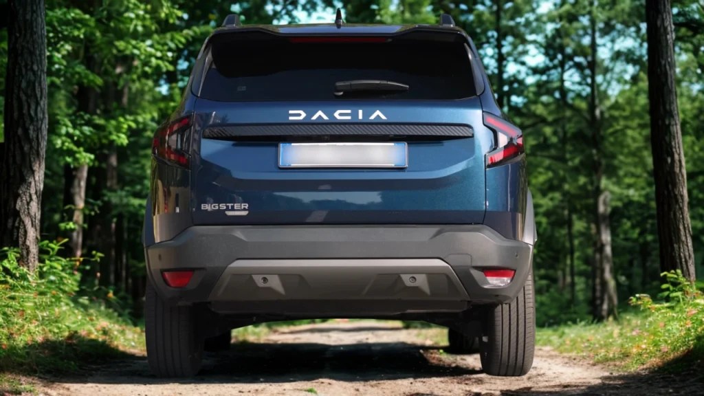 Direct achteraanzicht van blauwe 2025 Dacia Bigster SUV in bosomgeving met DACIA letters over de achterklep, BIGSTER modelbadge, Y-vormige LED achterlichten en achterbumperbescherming met parkeersensoren