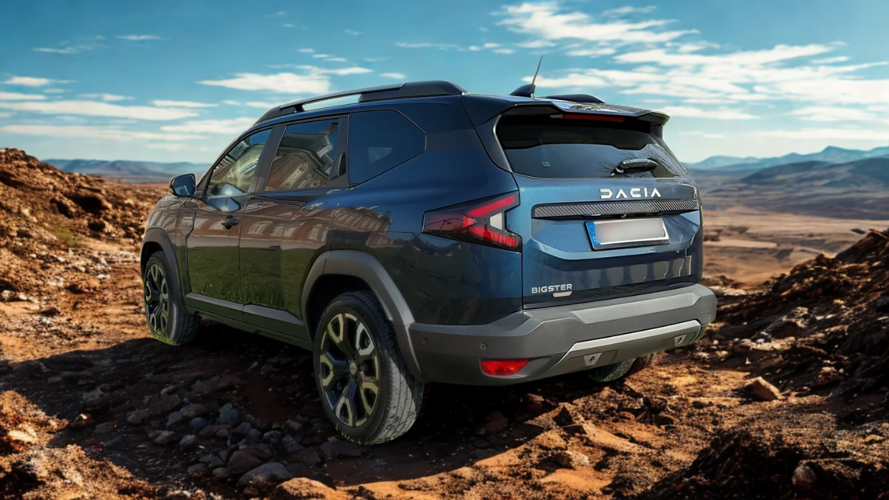 Donkerblauwe 2025 Dacia Bigster SUV gefotografeerd vanuit de achter driekwart hoek in een rotsachtige woestijnomgeving met bergen op de achtergrond, waarbij de kenmerkende Y-vormige LED-achterlichten en BIGSTER-badge te zien zijn