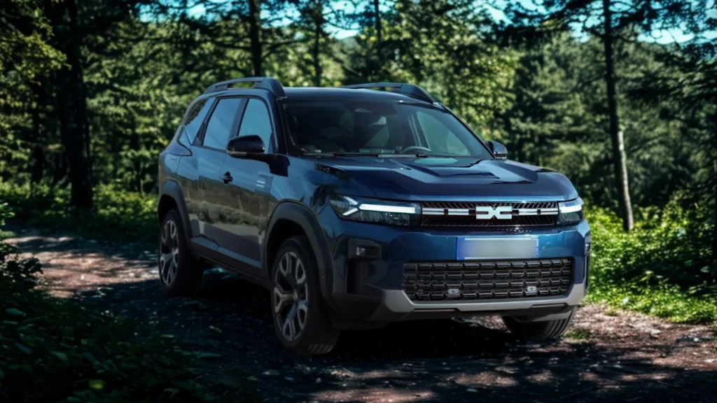 Blauwe 2025 Dacia Bigster SUV gepositioneerd in een driekwart voorhoek op een bospad met gevlekt zonlicht, waarbij de volledige voertuigproporties inclusief dakrails en beschermende carrosseriebekleding te zien zijn