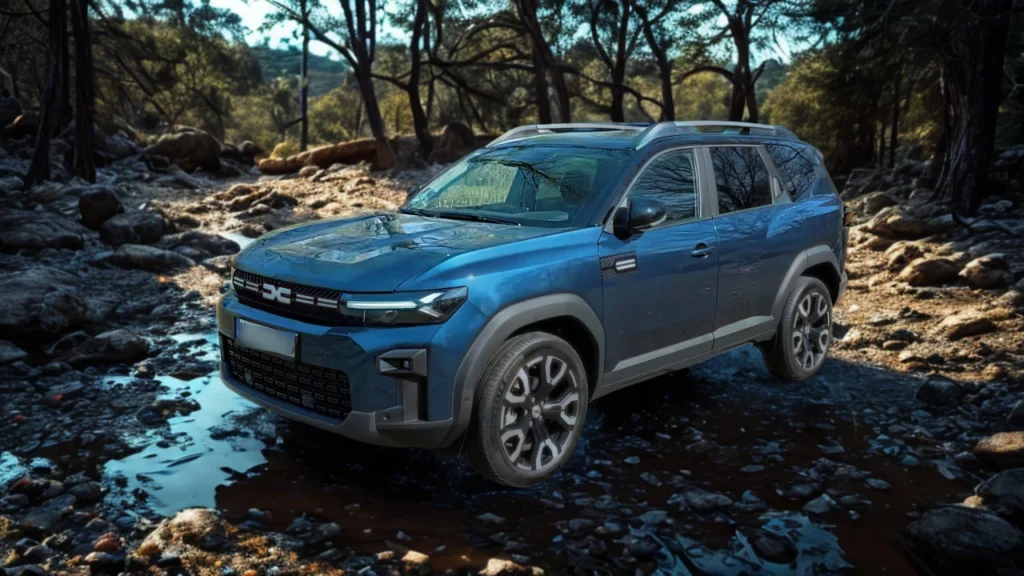 Blauwe 2025 Dacia Bigster SUV die een ondiepe rotsachtige beek oversteekt met water dat rond de banden spat, omringd door bomen en natuurlijk terrein, waarbij zijn off-road capaciteit en hoge bodemvrijheid wordt getoond