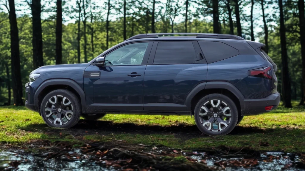 Volledig zijaanzicht van blauwe 2025 Dacia Bigster SUV in bosomgeving waarbij het volledige voertuigprofiel van voor naar achter te zien is, met nadruk op de verlengde wielbasis, dakrails en beschermende zijbekleding