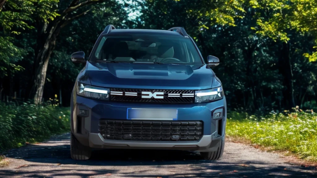 Blauwe 2025 Dacia Bigster SUV voorwaarts gericht op een met bomen omzoomde weg met verlichte LED-koplampen, met de prominente DC-logo grille en Y-vormige DRL-signatuur in een natuurlijke bosomgeving