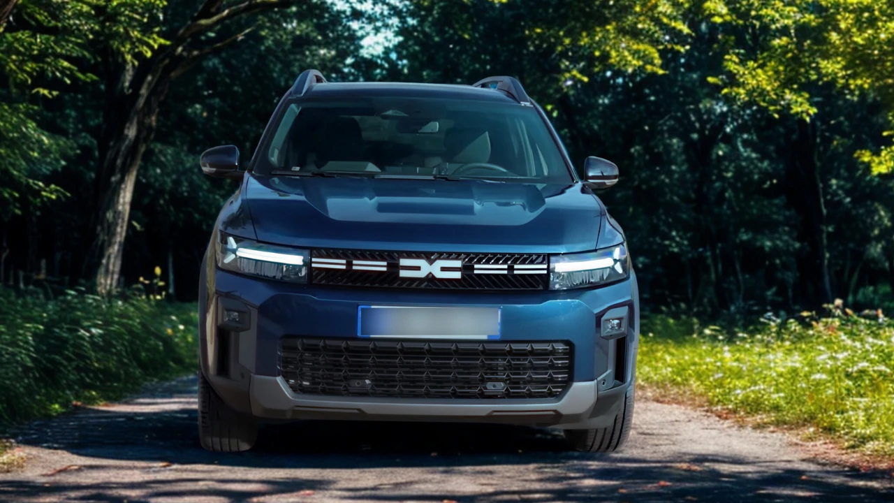 Blauwe 2025 Dacia Bigster SUV voorwaarts gericht op een met bomen omzoomde weg met verlichte LED-koplampen, met de prominente DC-logo grille en Y-vormige DRL-signatuur in een natuurlijke bosomgeving