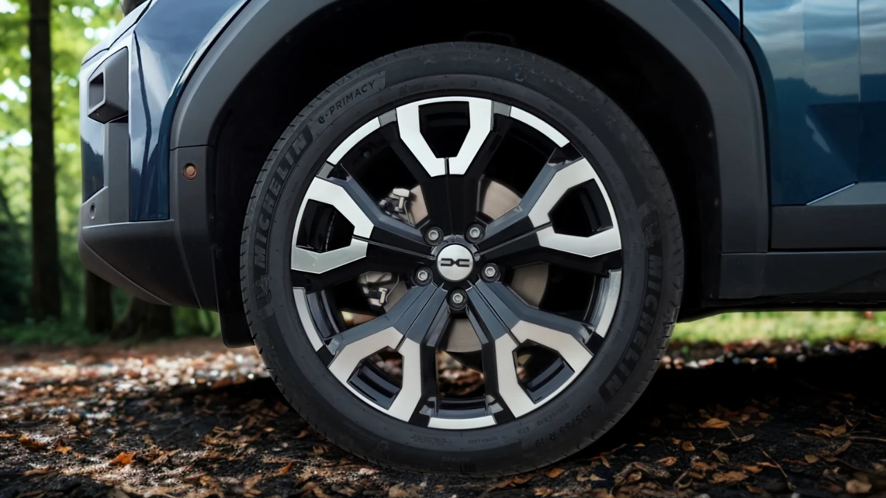 Gedetailleerde close-up van een lichtmetalen wiel van de 2025 Dacia Bigster met zwarte en zilveren afwerking met DC-logo middendop, gemonteerd met Michelin E Primacy band, waarbij wielkasbekleding zichtbaar is
