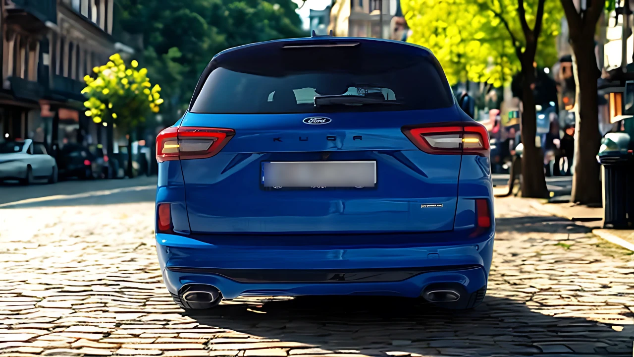 2025 Ford Kuga recht achteraanzicht met gemoderniseerd LED achterlichtontwerp, prominente Ford letters, dubbele uitlaatpijpen en verfijnde achterbumperontwerp in stadsomgeving