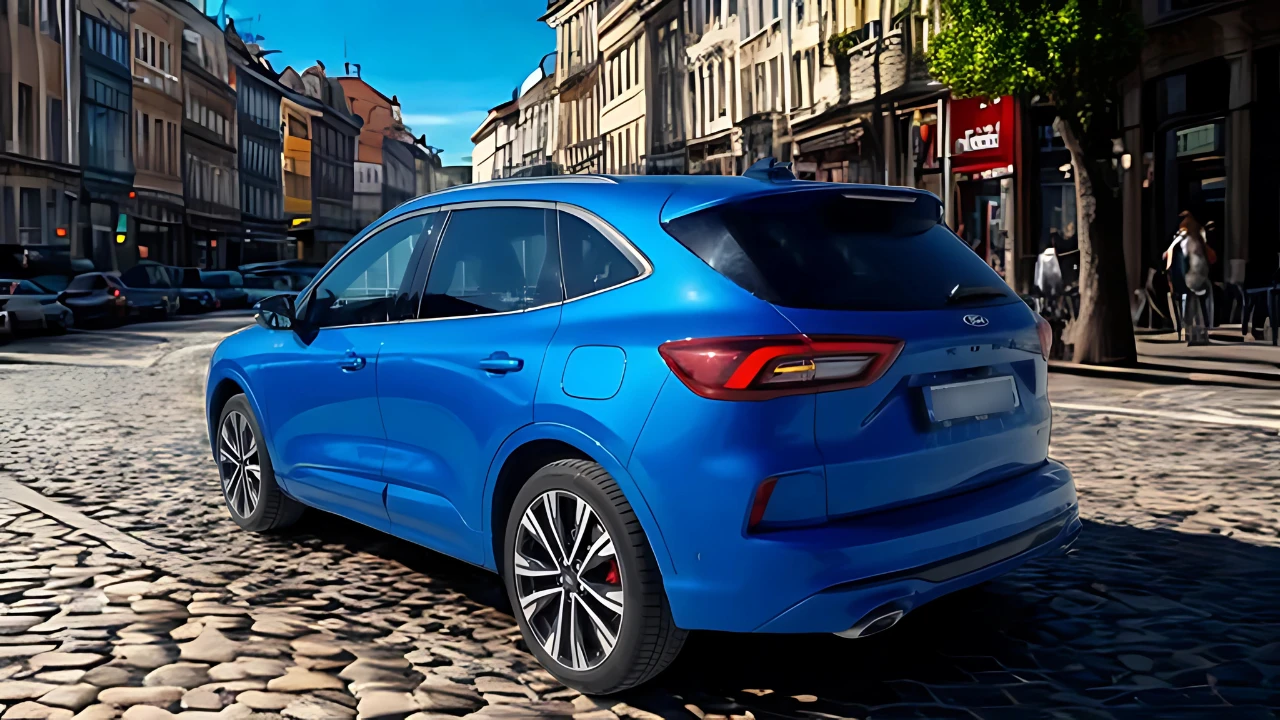 2025 Ford Kuga vanuit driekwart achterperspectief op Europese kinderkopjesstraat, bijgewerkte achterlichtontwerp, dubbele uitlaatpijpen en slanke SUV-silhouet in stedelijke omgeving tonend