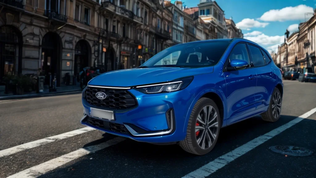 2025 Ford Kuga gepositioneerd onder driekwart voorhoek op stedelijke straat, het gefacelifte ontwerp tonend met nieuwe grille, LED koplampen en sportief velgenontwerp in dynamische stadsomgeving