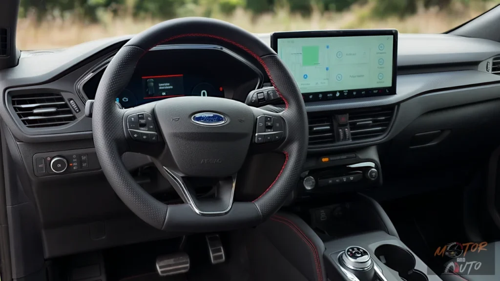 Close-up zicht van 2025 Ford Kuga stuurwiel bedieningselementen en 12,3-inch digitaal instrumentenpaneel met boordcomputer informatie, brandstofverbruik en voertuigstatus