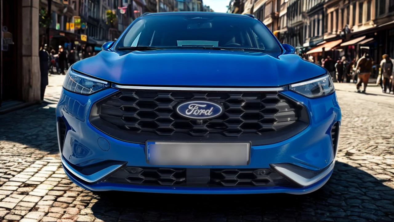 Gedetailleerde close-up van 2025 Ford Kuga voorkant grille met kenmerkend zeshoekig mesh patroon, chromen accenten en centraal gepositioneerd Ford ovaal badge met premium afwerking