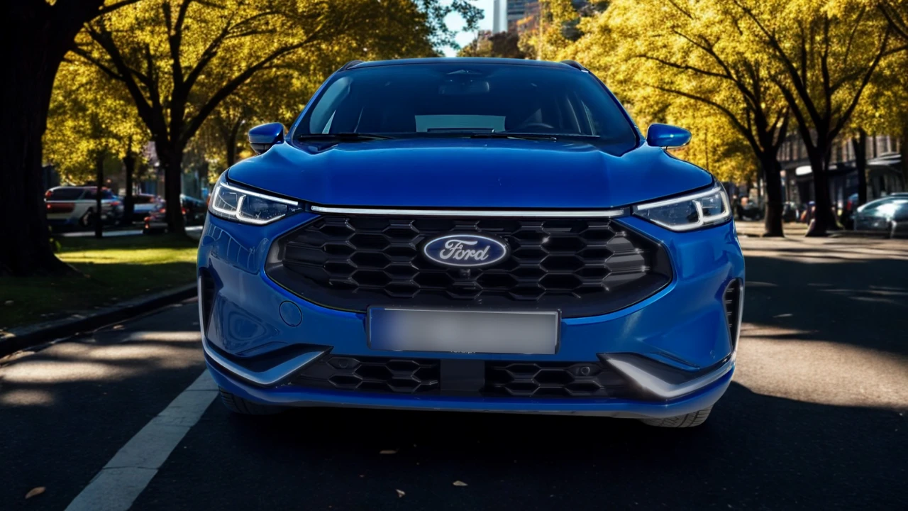 2025 Ford Kuga voorzijde met vernieuwde ontwerp met kenmerkende zeshoekige grille, volledige LED koplampen en moderne Ford badge positionering voor verbeterde wegpresentatie