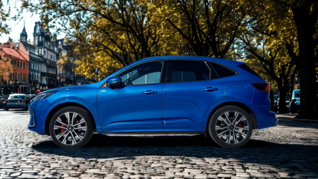 2025 Ford Kuga in opvallende blauwe metallic lak op Europese kinderkopjesstraat, elegante zijprofiel met vloeiende lijnen en moderne SUV-proporties tonend