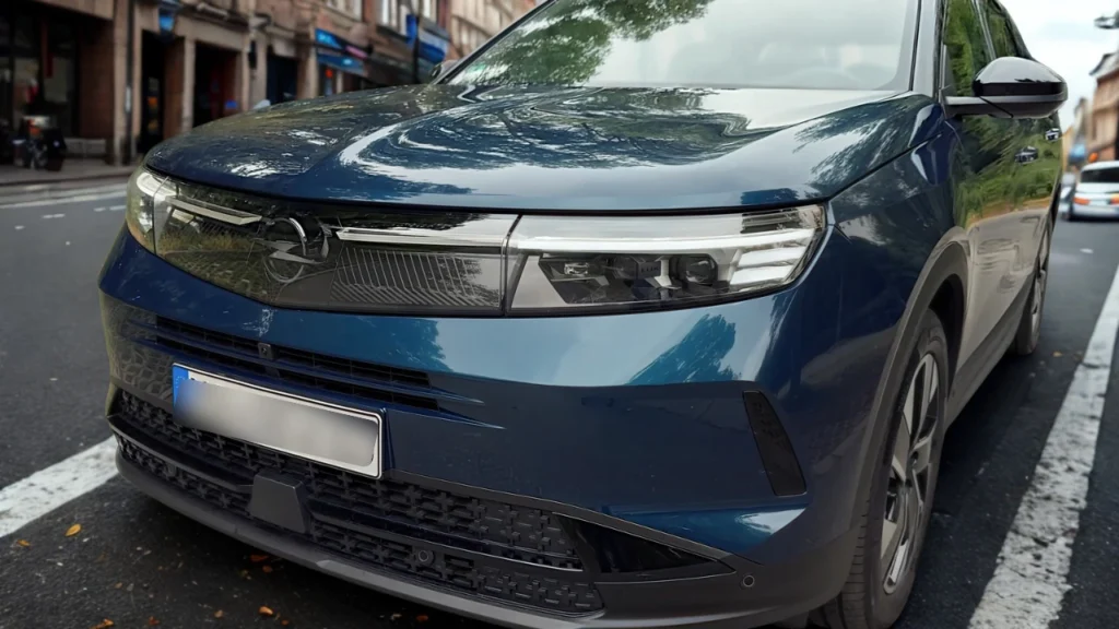 Voordetail van Opel Grandland's 3D-vizierontwerp met Matrix LED-koplampen, verlicht logo en transparante grill