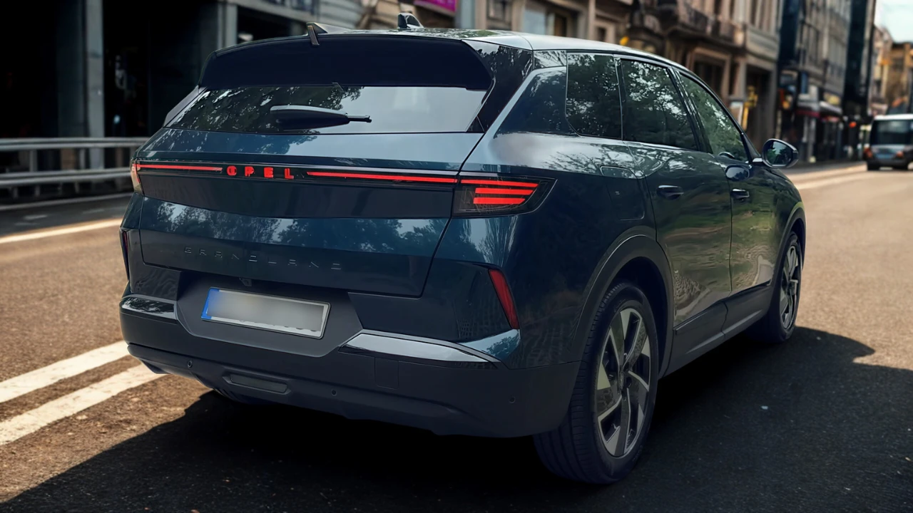 Achter drie-kwart straataanzicht van blauwe Opel Grandland met moderne designtaal en premium velgontwerp