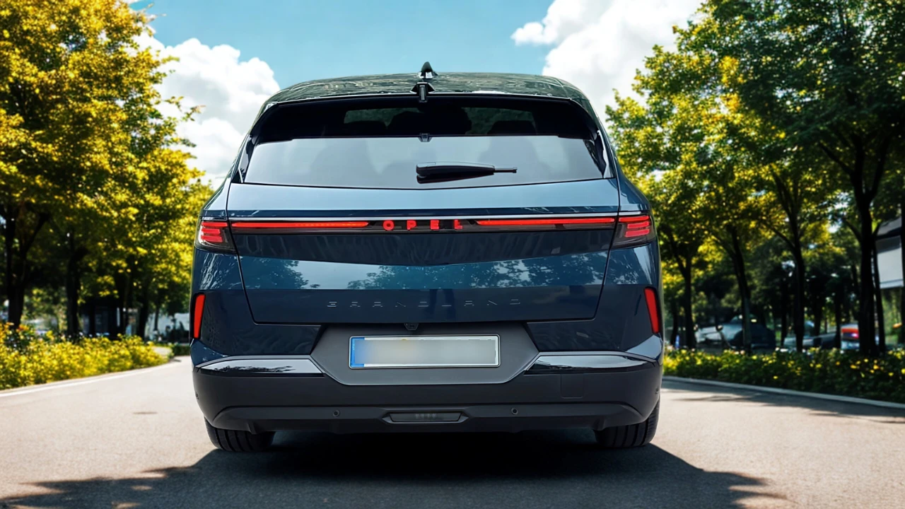 Achteraanzicht van blauwe Opel Grandland met verlichte OPEL-letters over achterklep, LED-achterlichten en reliëf modelnaam