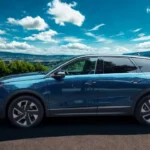 Volledig zijaanzicht van blauwe Opel Grandland met elegante SUV-proporties en premium velgontwerp tegen berglandschap