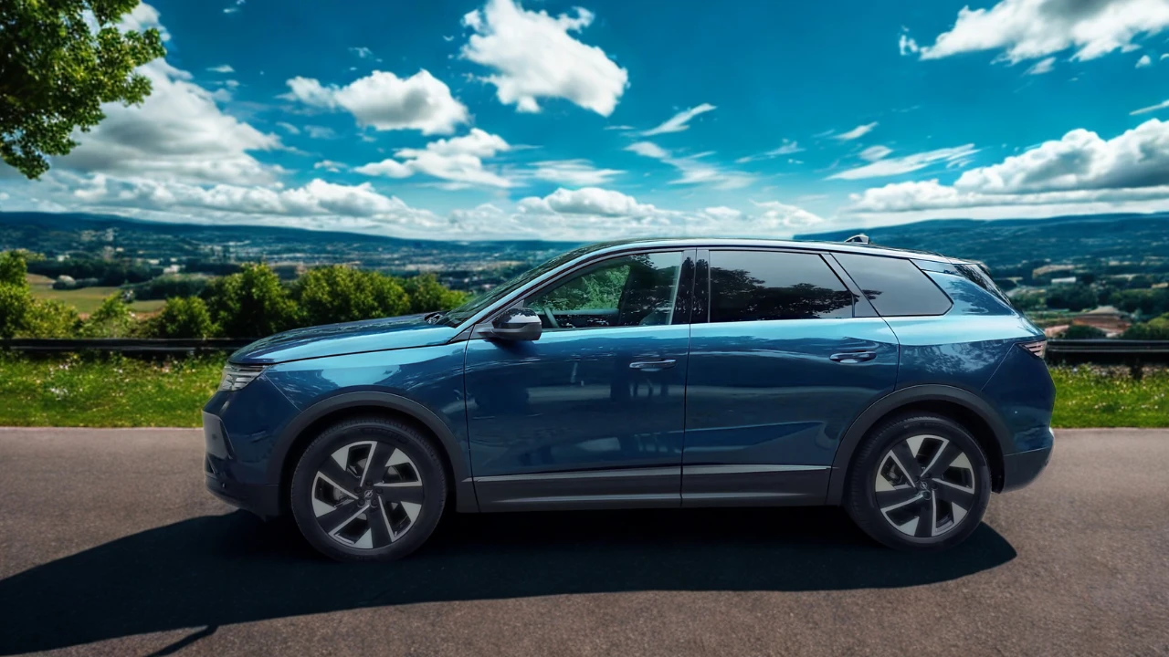 Volledig zijaanzicht van blauwe Opel Grandland met elegante SUV-proporties en premium velgontwerp tegen berglandschap