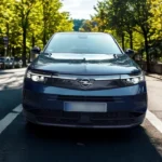 Voorperspectief van Opel Grandland op stadsstraat met modern SUV-ontwerp