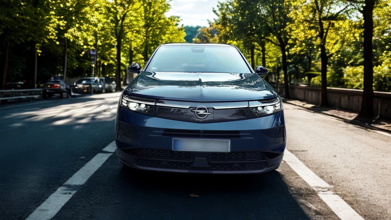 Voorperspectief van Opel Grandland op stadsstraat met modern SUV-ontwerp