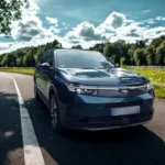 Vooraanzicht van Opel Grandland op landweg met modern koplampontwerp en gedurfde voorkant