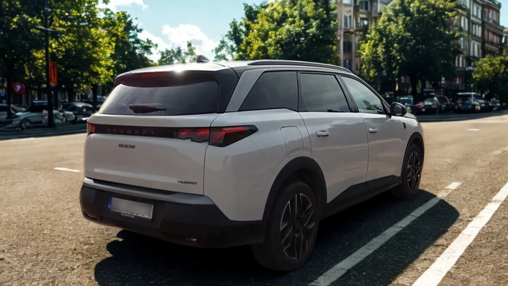 Witte 2025 Peugeot 5008 SUV vanuit achter driekwart hoek met zwart dak, kenmerkende achterlichten en HYBRID badge op stadsstraat