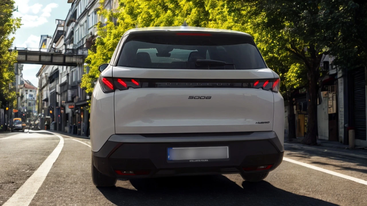 Achteraanzicht van witte 2025 Peugeot 5008 met kenmerkende triple LED achterlichten en PEUGEOT letters op stadsstraat met gebouwen