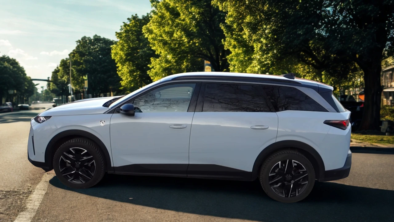 Volledig zijprofiel van witte 2025 Peugeot 5008 familie SUV met verlengde lengte, zwart dak en moderne SUV proporties op stadsstraat