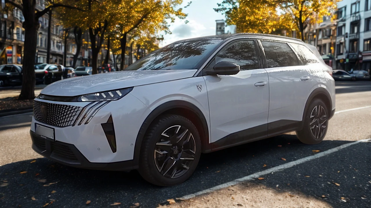 Witte 2025 Peugeot 5008 SUV vanuit voor driekwart hoek op herfst stadsstraat met LED koplampen en 19-inch velgen