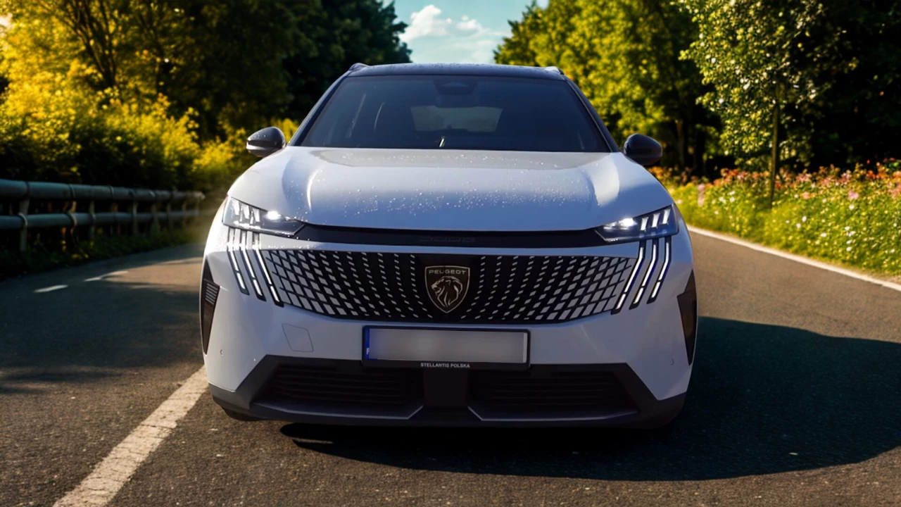 Vooraanzicht van witte 2025 Peugeot 5008 met kenmerkend LED koplamp ontwerp, Peugeot grille en moderne voorbumper op landelijke weg