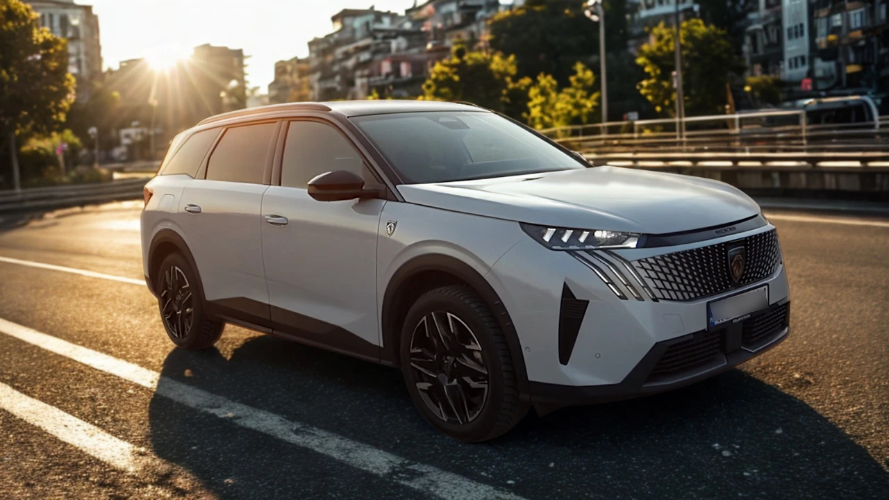 Zijprofiel zicht van witte 2025 Peugeot 5008 SUV met zwart dak bij zonsondergang met volledige lengte en velgenontwerp op stadsstraat