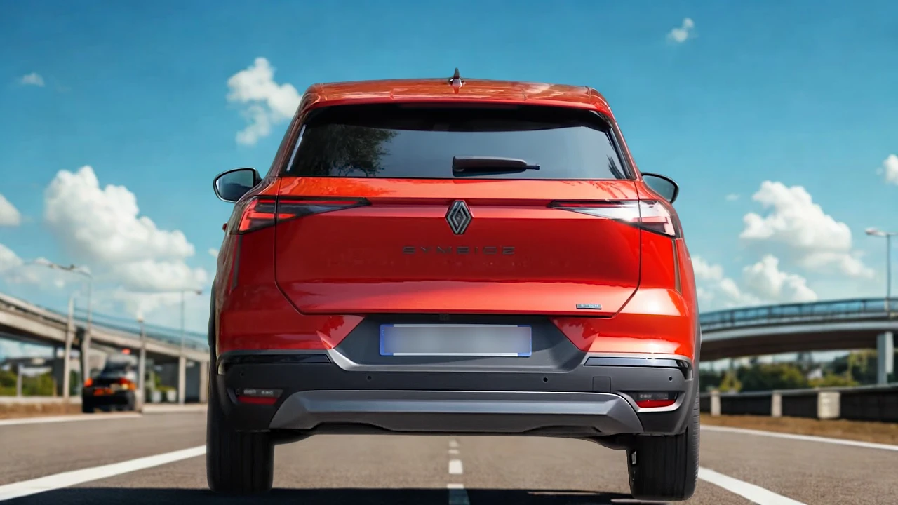 Achteraanzicht van 2025 Renault Symbioz op snelweg met LED achterlichten, SYMBIOZ badge en aerodynamisch achterontwerp