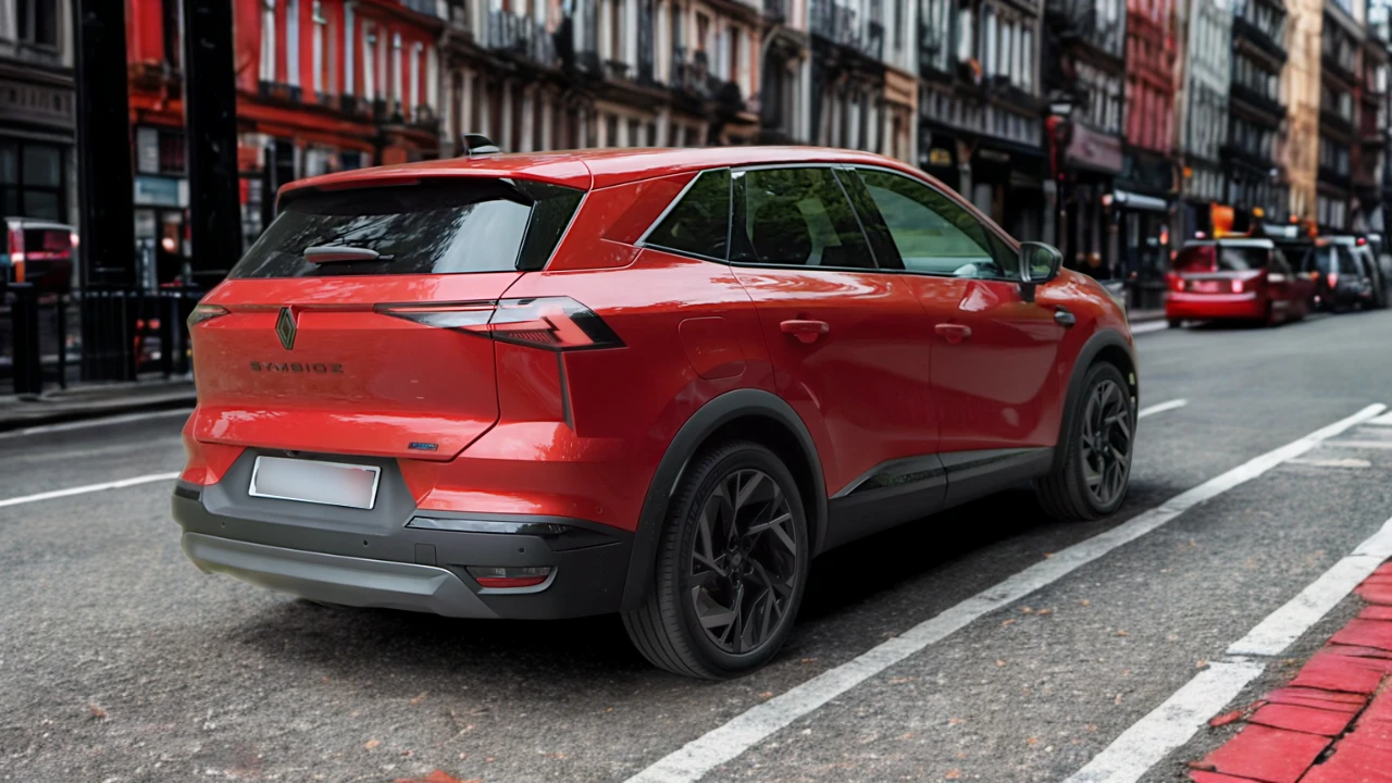Achter driekwart zicht van 2025 Renault Symbioz met moderne LED achterlichten, achterspoiler en SYMBIOZ badge op stadsstraat