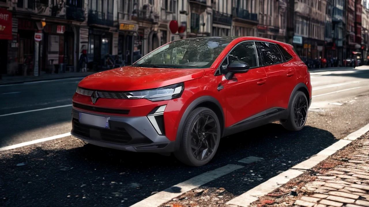 2025 Renault Symbioz in Rouge Flamme op Europese stadsstraat met klinkers, stedelijke rijcapaciteit tonend