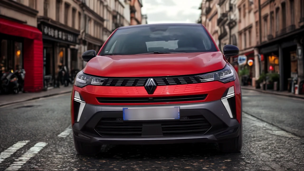 Vooraanzicht van 2025 Renault Symbioz in Rouge Flamme met LED koplampen, Renault diamant logo en modern voorgrill ontwerp