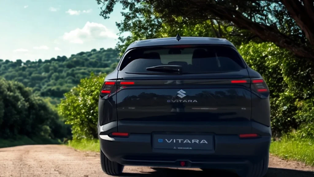 2025 Suzuki e Vitara achteraanzicht met LED-achterlichten, spoiler en e VITARA-badge tegen groene landschapsachtergrond