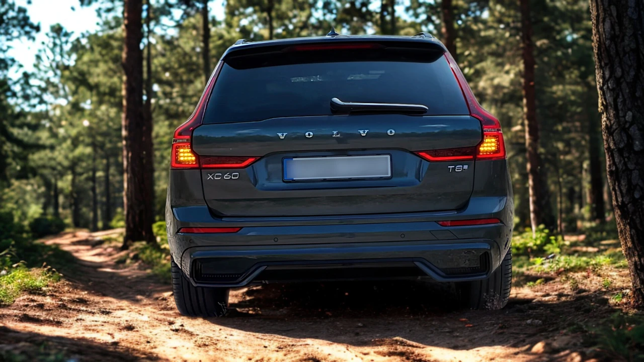 2026 Volvo XC60 achterzicht met VOLVO letters, XC60 en T8 plug-in hybrid badges en verduisterde achterlichten in bosomgeving