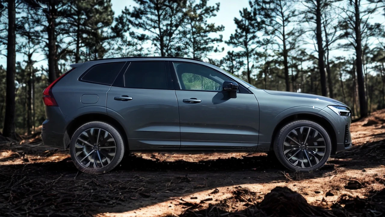 2026 Volvo XC60 compleet zijprofiel overzicht met Scandinavisch ontwerp, elegante proporties en grijze metallic afwerking in bosomgeving