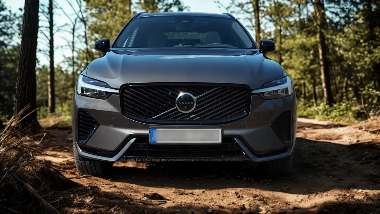 2026 Volvo XC60 vooraanzicht met nieuw diagonaal grille ontwerp, Thor's Hammer LED koplampen en grijze metallic lak in bosomgeving