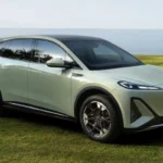 Volledig zijaanzicht van Hongqi EHS5 elektrische SUV gepositioneerd tegen kustlandschap met complete voertuig proporties, velg design, en luxe SUV houding