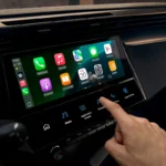 Infotainment systeem van 2025 Peugeot 308 facelift met Apple CarPlay interface op 10-inch touchscreen en i-Toggle snelkoppelingen eronder