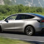 Zilveren Tesla Model YL elektrische SUV rijdend op bergweg met verlengd zijprofiel, langere wielbasis en aerodynamisch ontwerp van het 6-zits familie voertuig